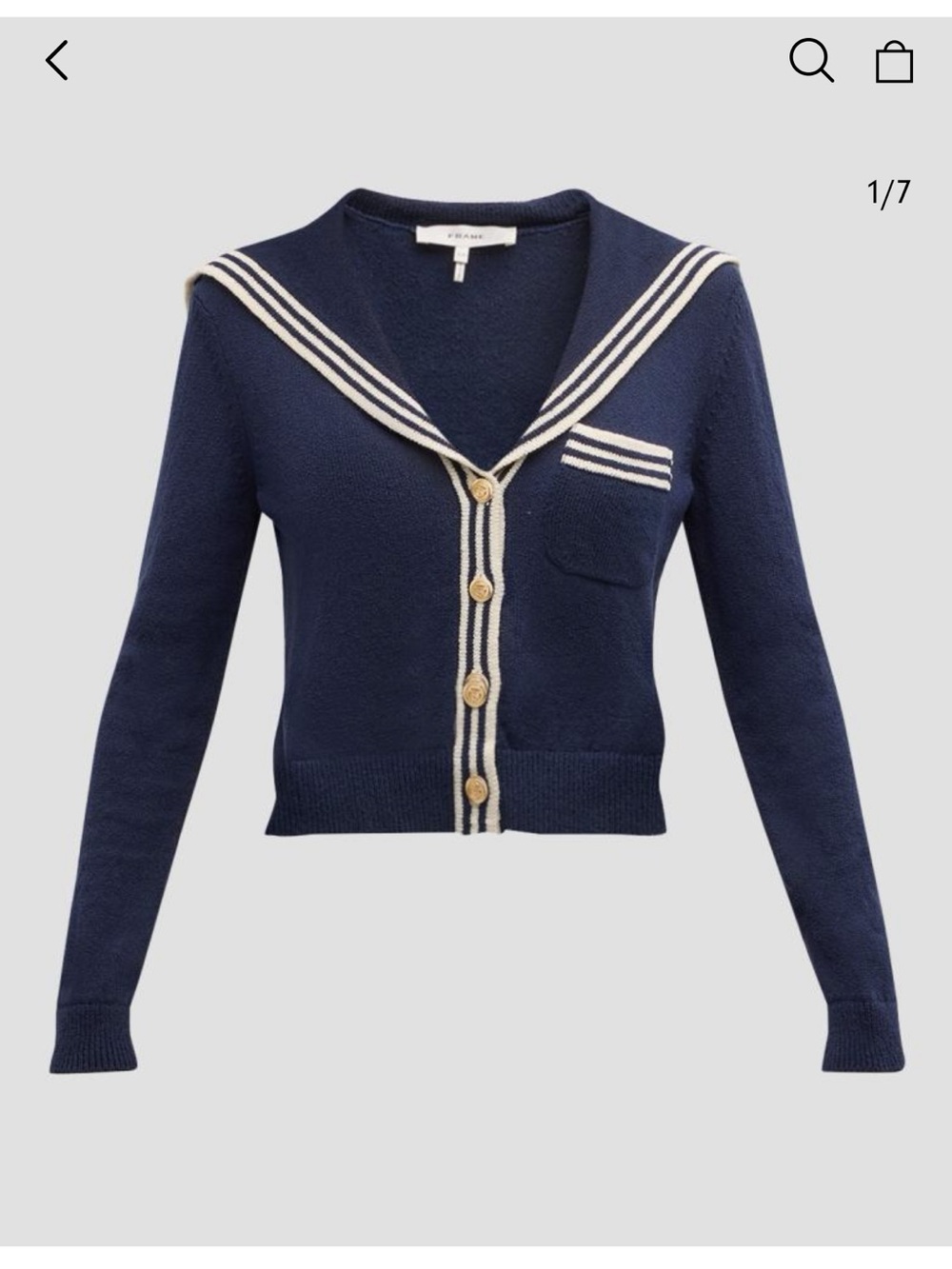 Frame Denim Navy Cropped Sailor-Style Cardigan with Cream Trim